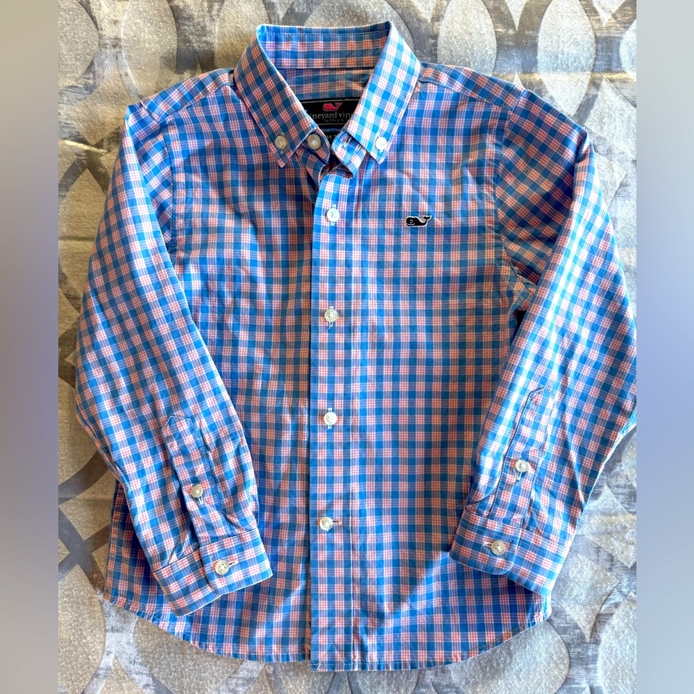 Vineyard Vines Boys' Blue Pink Gingham Plaid Button-Down Whale Shirt Size 4T